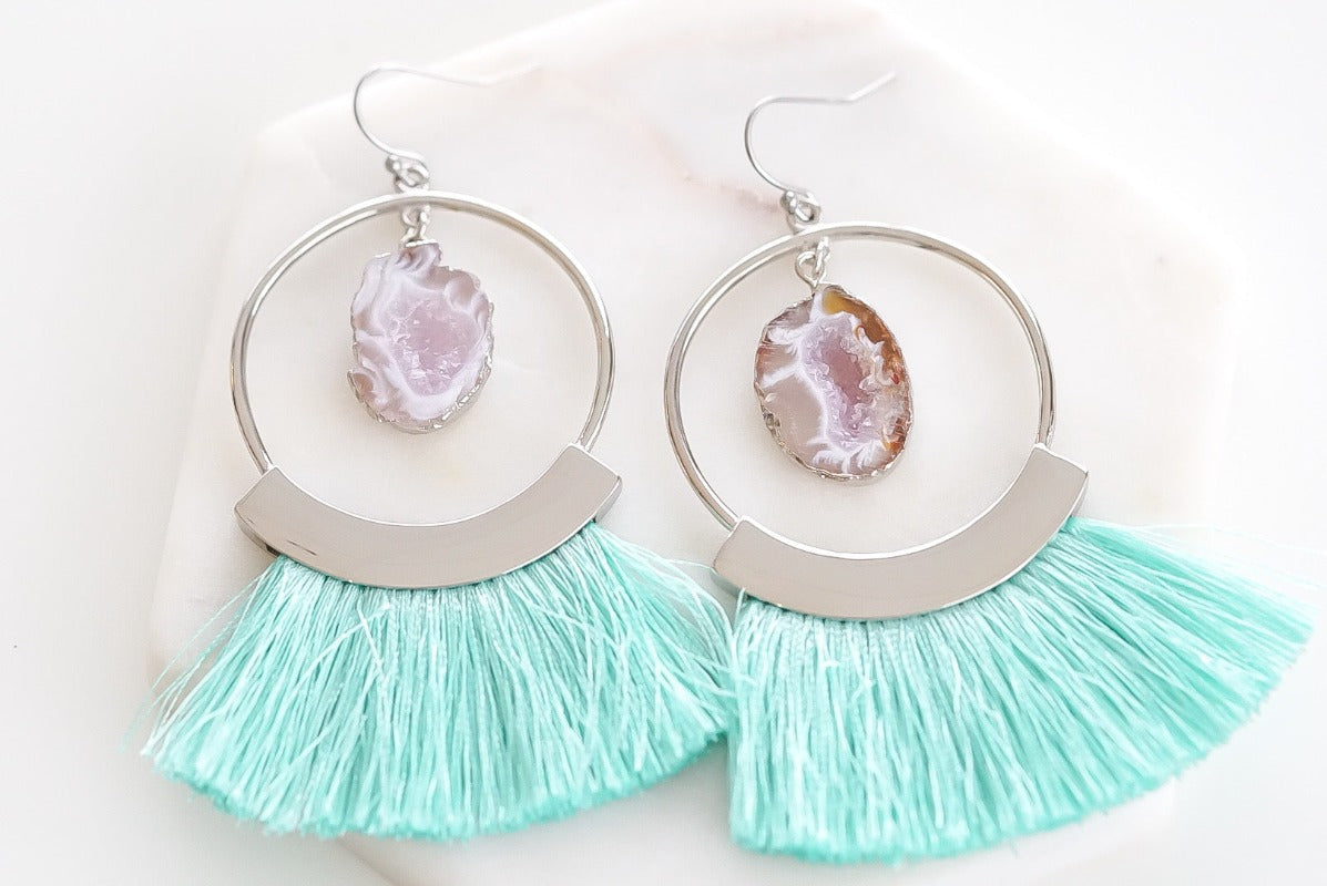 Agate Collection - Silver Mint Fringe Earrings