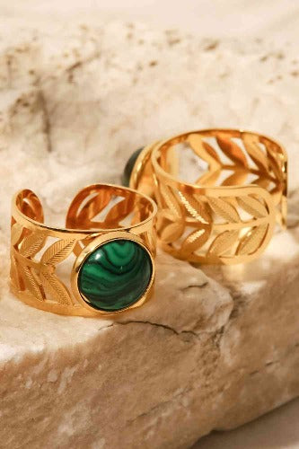 18k Gold Plated Stainless Steel Malachite Leaf Ring