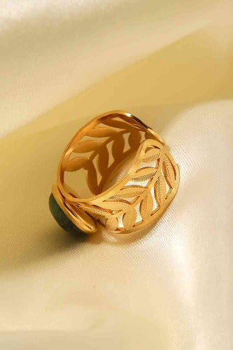 18k Gold Plated Stainless Steel Malachite Leaf Ring